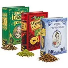 Noveltea tins-Pride and Peppermint tea, Matcha Ado About Nothing tea, and Oliver Lemon Twist tea #books #tea